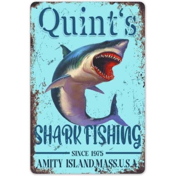 Quint Shark Fishing Retro Metal Tin Sign Vintage Style Art Jaws Wall Decoration Shark Metal Sign Iron Painting for Indoor & Outdoor Home Restaurant Coffee Kitchen Wall Decor 8x12 Inch