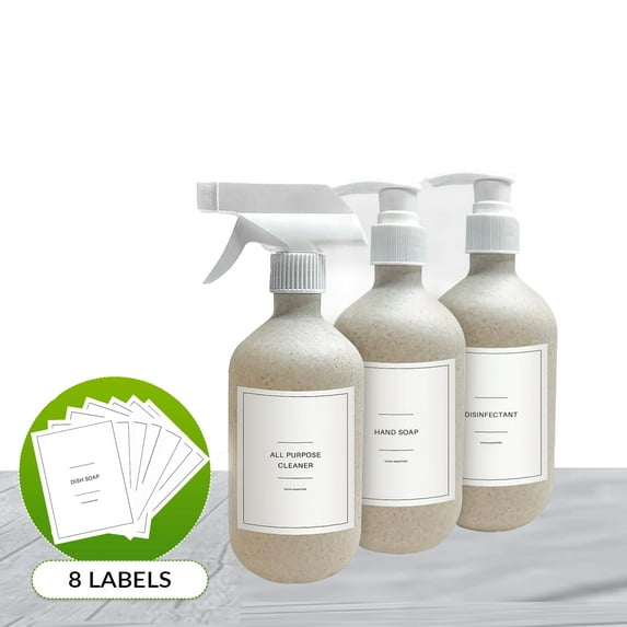 Quintessential Pack of 3 Dispensers, Wheat Straw 500 ml Soap & Spray Bottles | Refillable Liquid Dispensers for Dish Wash Soaps and Lotions with 8 Organizing Label (1 Spray & 2 Dispensers Bottle)
