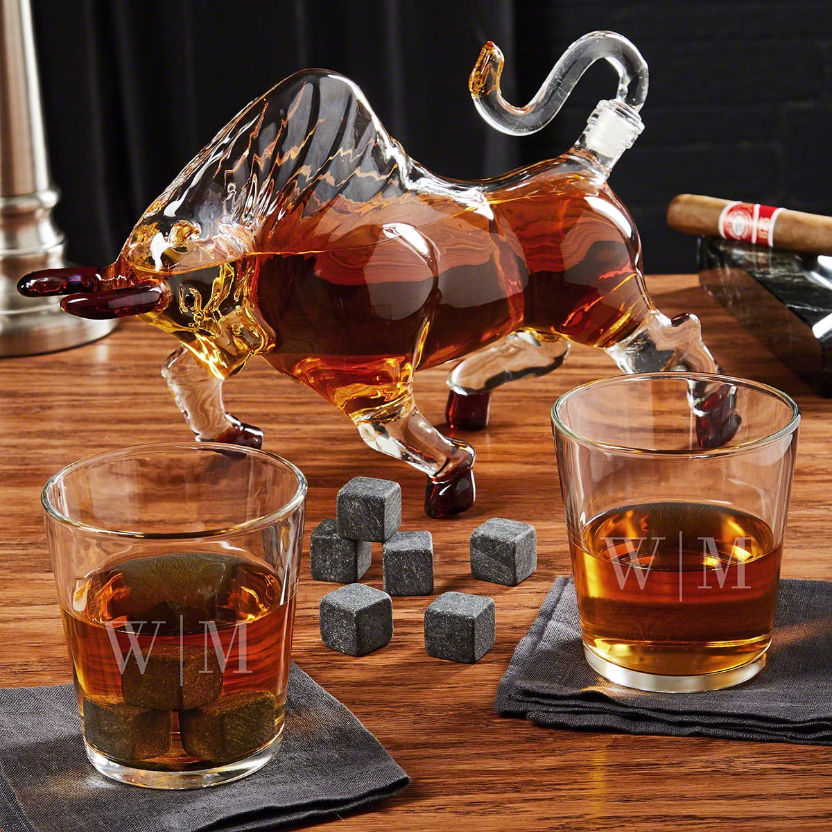 Engraved Bull Whiskey Decanter with Whiskey Glasses - 6pc for Whiskey Bourbon Scotch Lovers - Home Wet Bar