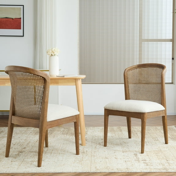 Quintra Upholstered Cane Webbing Dining Chairs, Rubberwood, Beige+Walnut, Set of 2