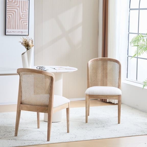 Quintra Upholstered Cane Webbing Dining Chairs, Rubberwood, White+Walnut, Set of 2
