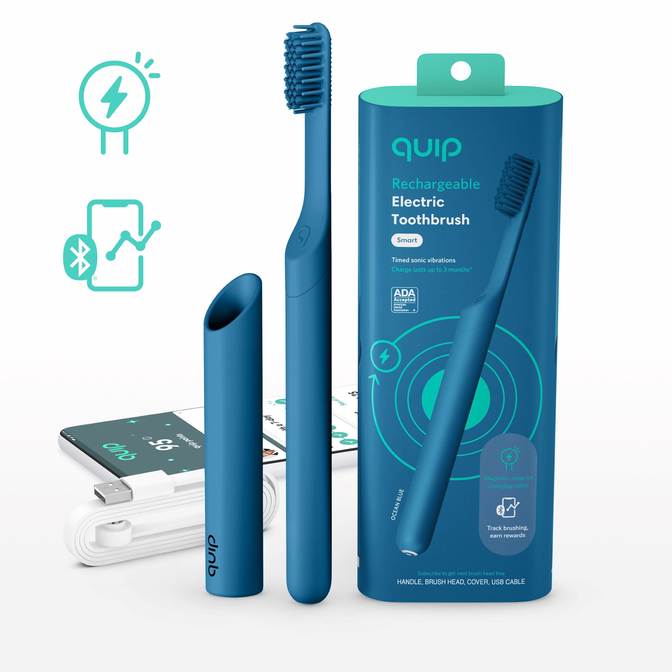 Quip Adult Smart Electric Rechargeable Toothbrush Full Head, Ocean Blue