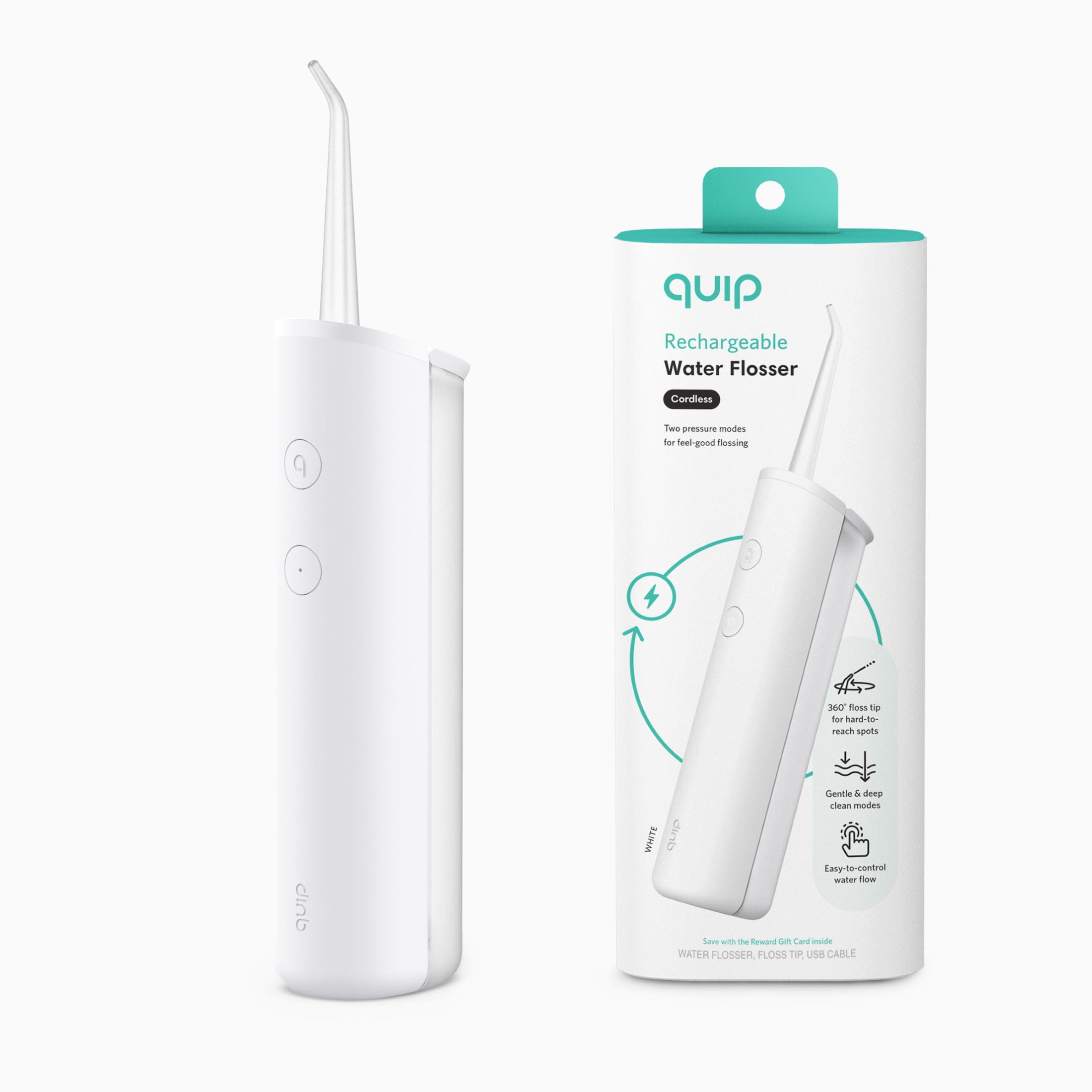 Quip Cordless Rechargeable 2 Pressure Modes Plastic Water Flosser, White