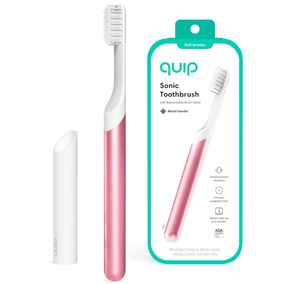 Quip Sonic Toothbrush for Adults, Timed Electric Brush with Soft Bristles, Replaceable Head, Pink Metal Handle, Travel Cover