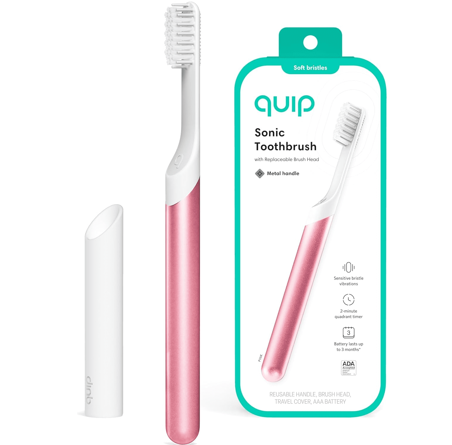 Quip Sonic Toothbrush for Adults, Timed Electric Brush with Soft Bristles, Replaceable Head, Pink Metal Handle, Travel Cover