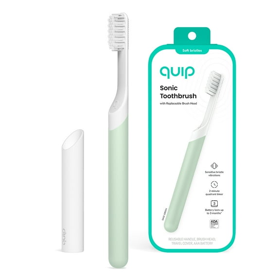 Quip Sonic Adult Electric Toothbrush Soft Bristles Built-in Timer   Travel Case, Sage Green