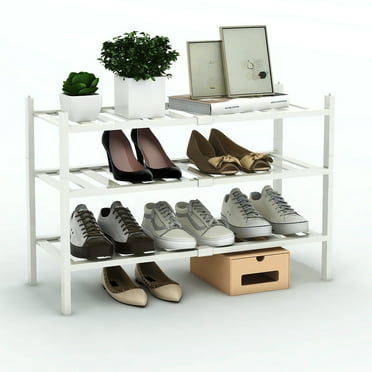 Quiqear 3-Tier Shoe Rack, Stackable Bamboo Shoe Shelf, 12 Pairs Storage Organizer for Shoes, White