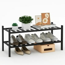 Quiqear Bamboo Shoe Rack, Stackable 2-Tier Shoe Storage, Black Shoe Rack Organizer for Closet, 9 Pairs