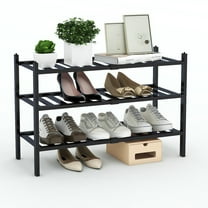 Quiqear Bamboo Shoe Rack, Stackable 3-Tier Shoe Storage, Black Shoe Rack Organizer for Closet, 12 Pairs