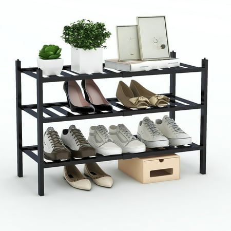 Quiqear Bamboo Shoe Rack, Stackable 3-Tier Shoe Storage, Black Shoe Rack Organizer for Closet, 12 Pairs