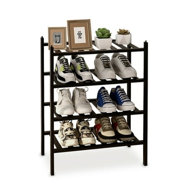 Quiqear Simple Bamboo Shoe Rack For Closet, 4-Tier Multifunctional Shoe Shelf, Up to 8 Pairs Shoe Storage, Black