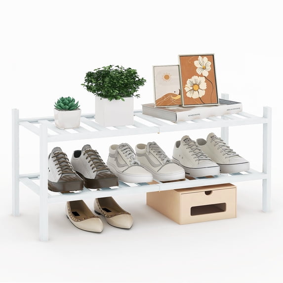 Quiqear Updated 2-Tier Shoe Rack, Stackable Bamboo Shoe Shelf, 9 Pairs Storage Organizer for Shoes, White