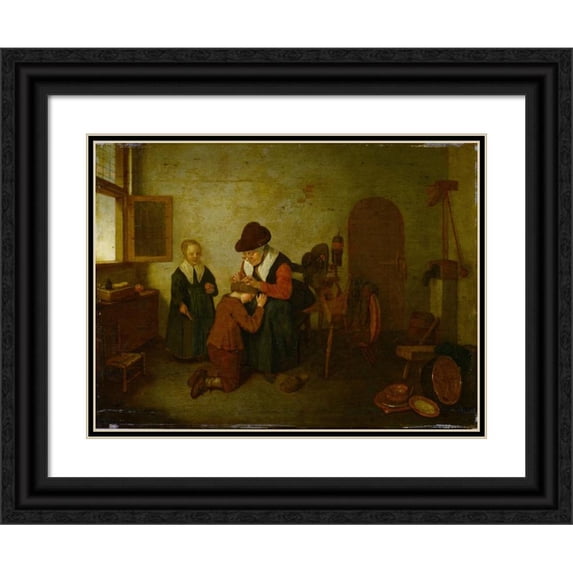 Quirijn Van Brekelenkam 14x12 Black Ornate Wood Framed Double Matted Museum Art Print Titled: A Woman Deloused a Boy (Around 1650-55)