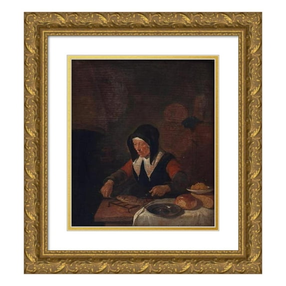 Quirijn Van Brekelenkam 15x16 Gold Ornate Wood Frame and Double Matted Museum Art Print Titled - Old Woman at Her Meal (1635 - 1668)