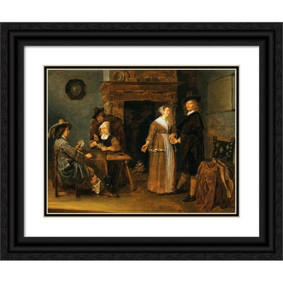 Quirijn Van Brekelenkam 18x15 Black Ornate Wood Framed Double Matted Museum Art Print Titled - Mixed Company Playing Cards (1648)