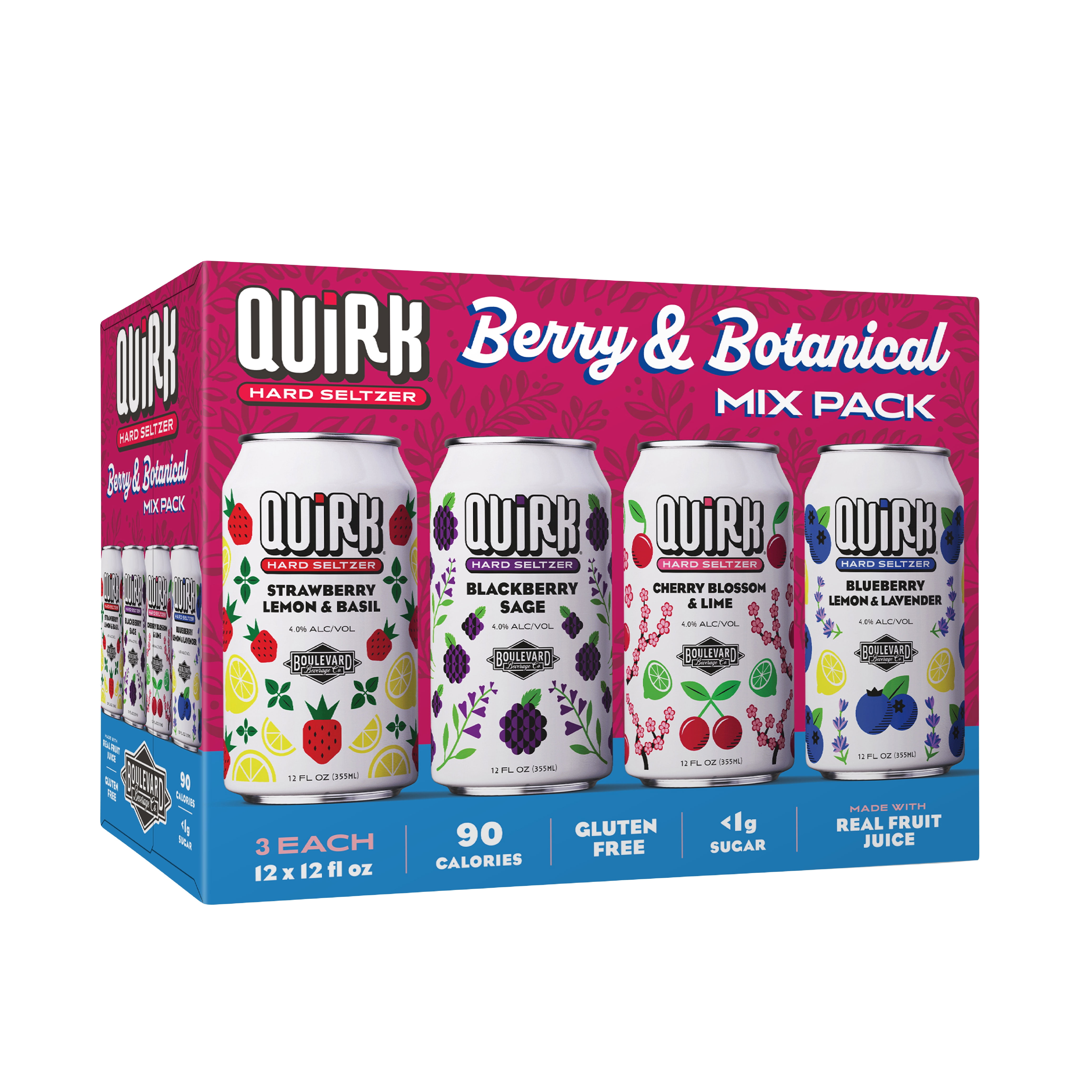 Quirk Gluten-Free, Real Fruit Juice Berry & Botanical Hard Seltzer, 12 fl oz, 12 Pack Cans, 4% ABV