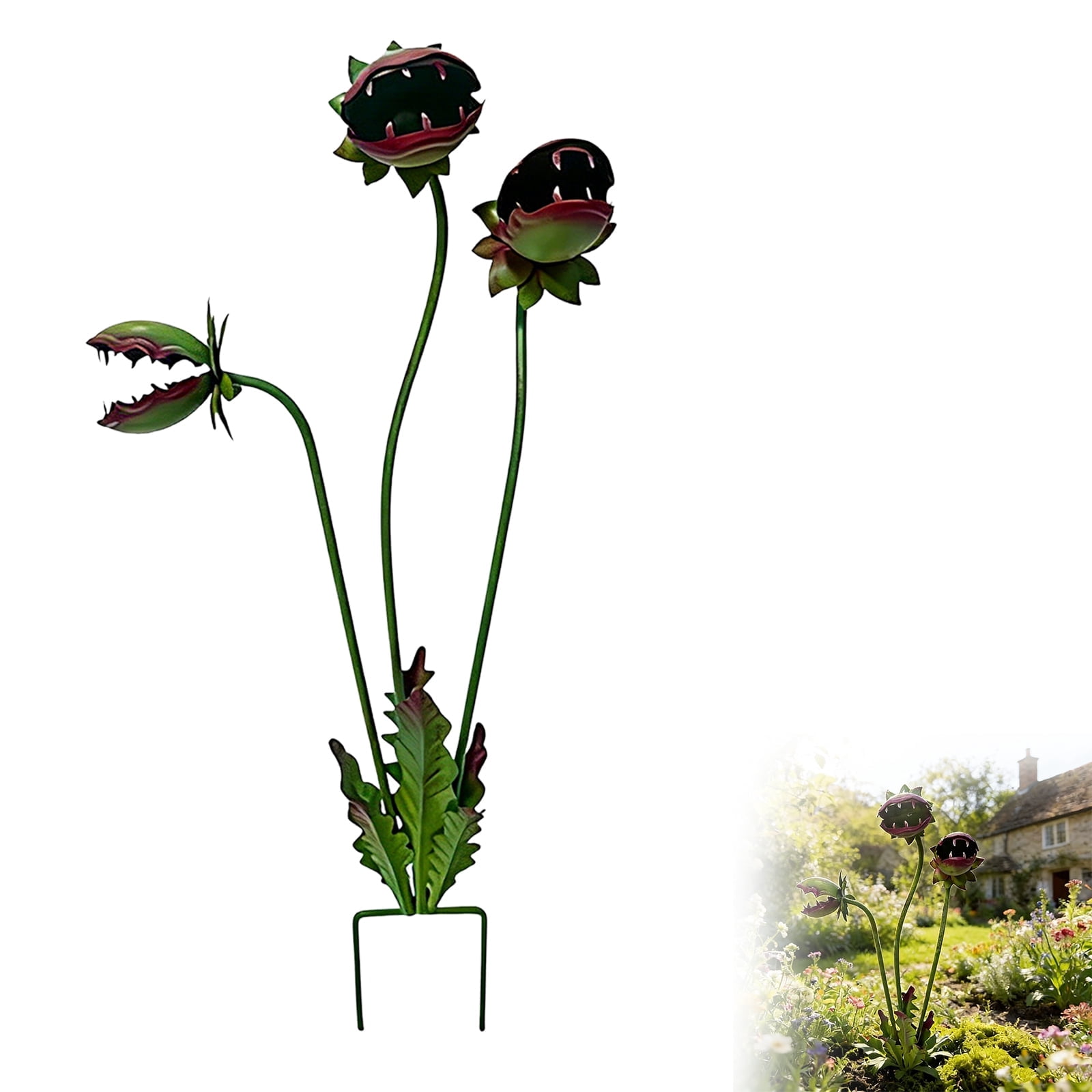 Quirky 25-Inch Metal Monster Plant Garden Stake Whimsical Venus Flytrap Sculpture Durable Yard Art for Patios Planters and Flower Beds Unique Gift