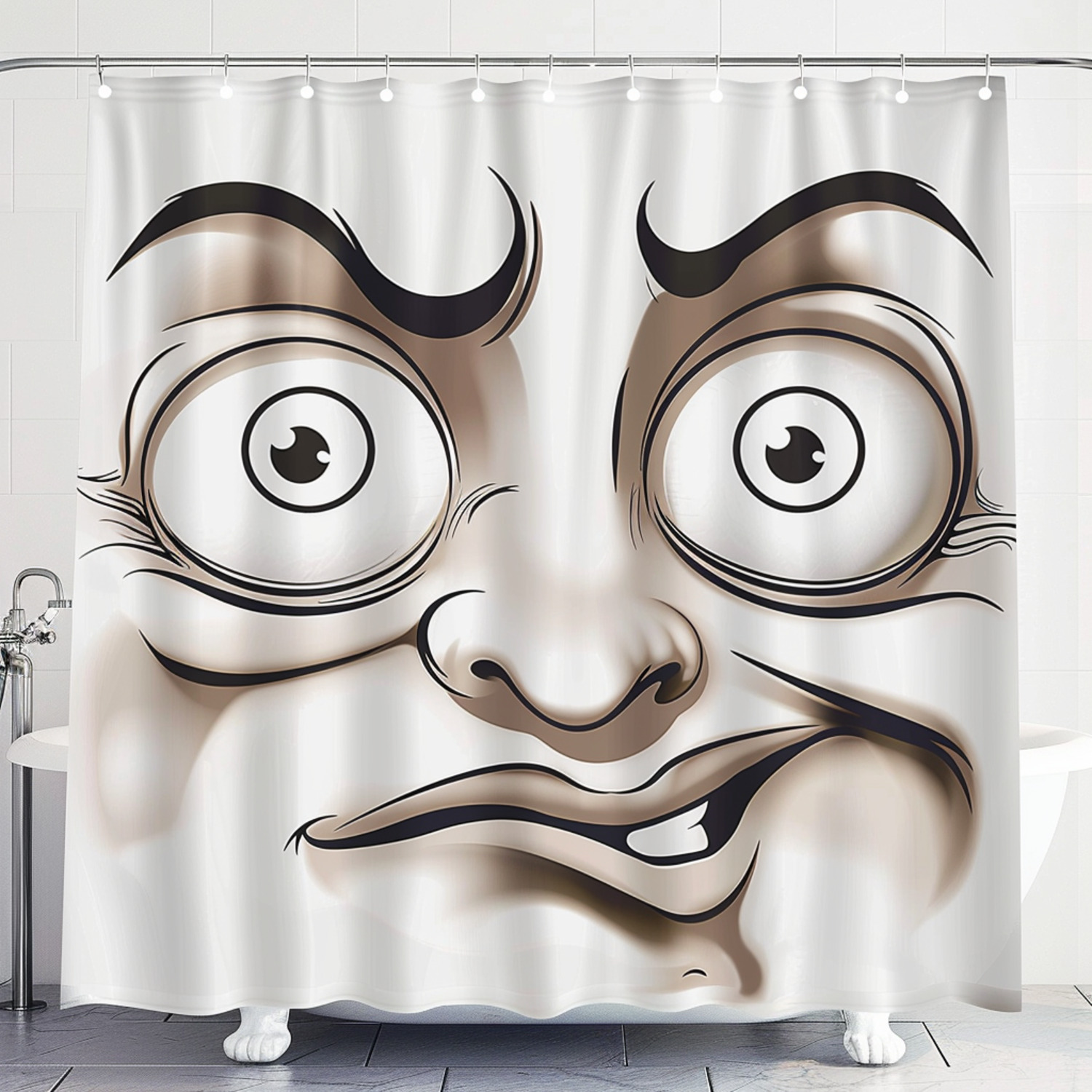Quirky Bald Cartoon Character Shower Curtain with Wide Eyes Humorous Bathroom Decor White