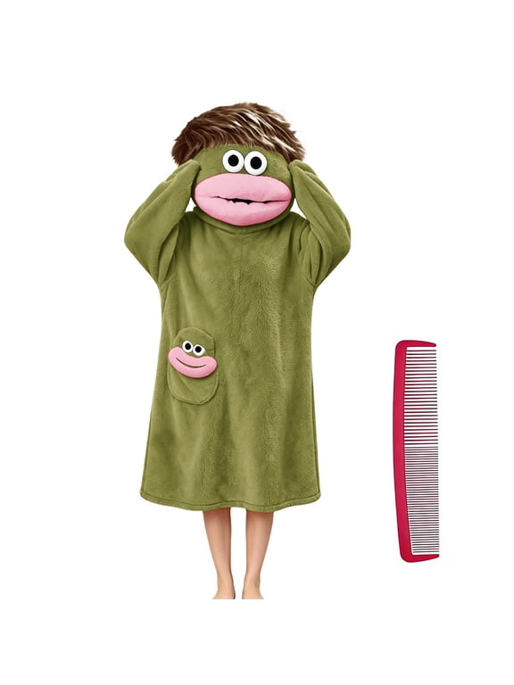 Quirky Big Mouth Monster Plush Hooded One-Piece Pajamas with Styling Comb Novelty Costume Jumpsuit for Fun Halloween Holiday Wear