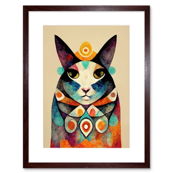 Quirky Boho Abstract Modern Shaman Guru Cat Artwork Framed Wall Art Print 9X7 Inch