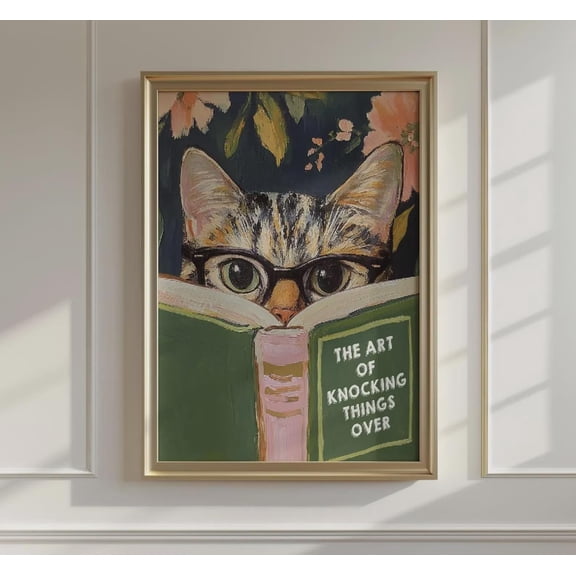Quirky Cat Reading Poster: Humorous Bathroom Wall Art For Book Lovers, Kitty Print, Poster Only