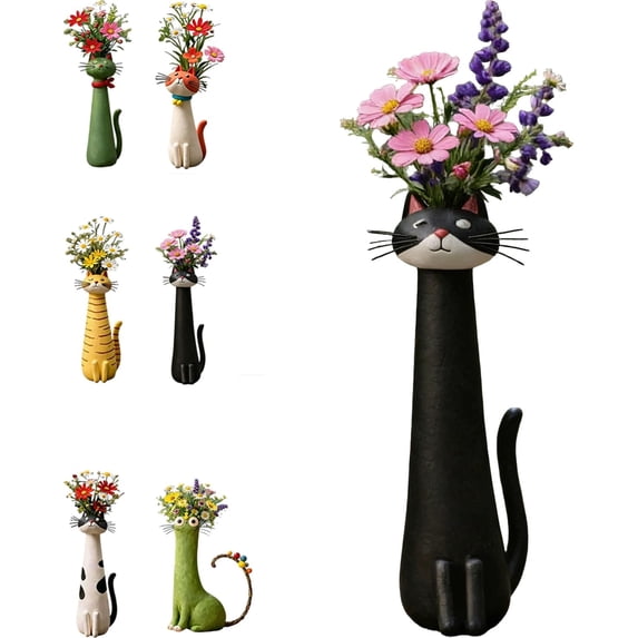 Quirky Cat Vase, Cat Flower Vase, Funny Kitty Planter for Desk, Shelf, Boho Home Decor, Unique Gift for Cats Lovers (Green)