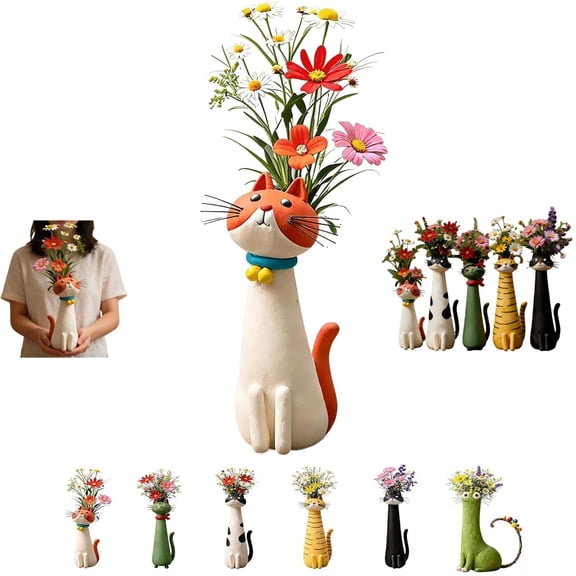 Quirky Cat Vase for Flowers – Handcrafted Ceramic Kitty Planter, Whimsical 7.5" Flower Vase for Desk, Shelf & Boho Home Decor, Gift for Cat Lovers
