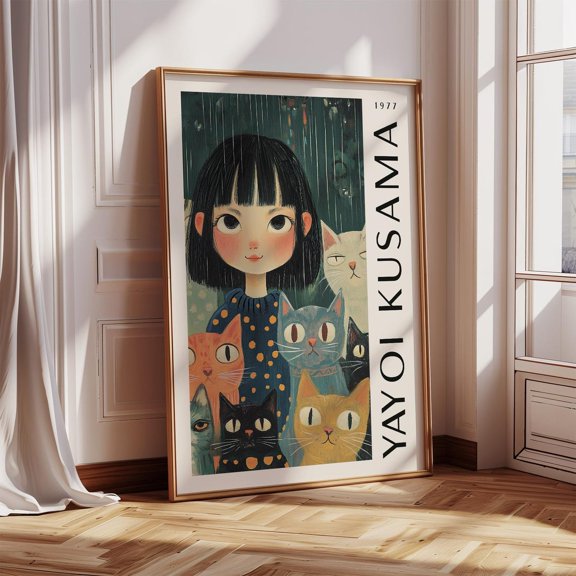 Quirky Girl And Cats Art Print – Yayoi Kusama Inspired Whimsical Wall Art For Bedroom, Dorm Room Poster Unique Print For Living Room Wall Wall Art, Modern Wall Decor, 16x24 UNFRAMED