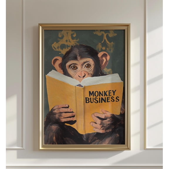 Quirky Jungle Theme Playful Monkey Business Art Print, Unframed Paper Print Size 8x12