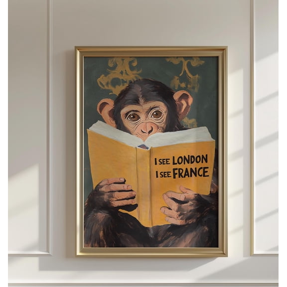 Quirky Monkey Bathroom Art I See London I See France Animal Decor, Unframed Paper Print Size 8x12