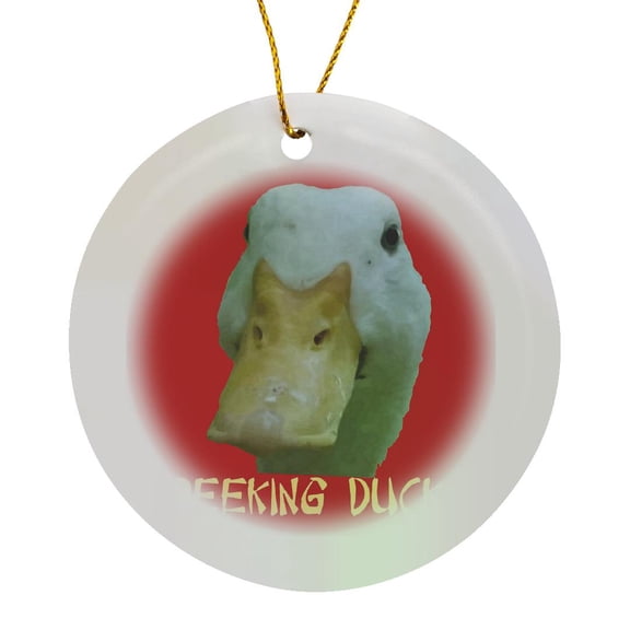 3drose, Quirky Peeking Duck Face over Asian Text, Circle Porcelain Ornament
