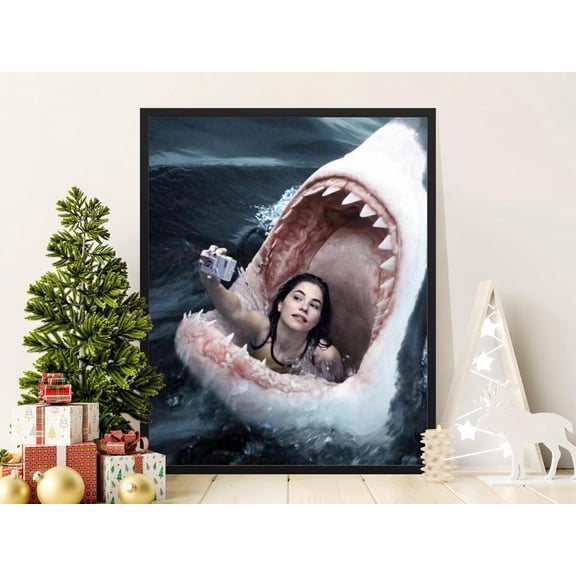 Quirky Shark Selfie Poster Ocean Wall Decor Unframed Canvas 8x10in