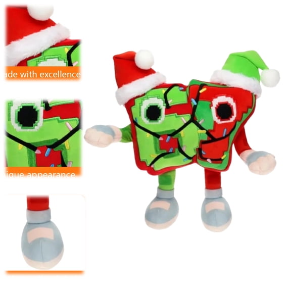 Quirky Soft Holiday Stuffed Plush – Two-Tone Red & Green Design with Santa/Elf Hats, Pixel-Style Eyes & Festive Details, Great Christmas Gift & Home Decor