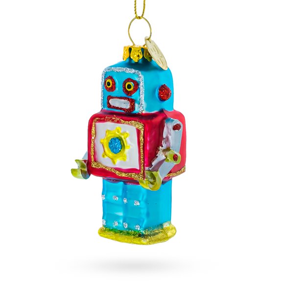 Quirky Square-Headed Robot Glass Christmas Ornament