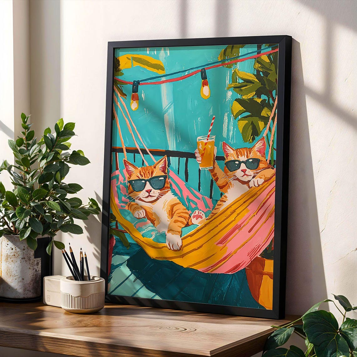 Quirky Tabby Cat Hammock Print Poster Summer Wall Art Dopamine Decor ...