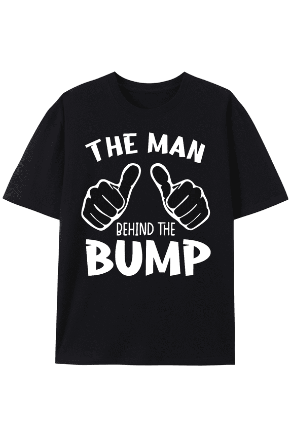 Quirky "The Man Behind The Bump" Graphic Print Short Sleeve Tee - Soft, Breathable, Casual, Funny, Relaxed Fit T-Shirt for Men - Perfect Summer, Spring, Fall Gift Idea for Expectant Dads, Husbands