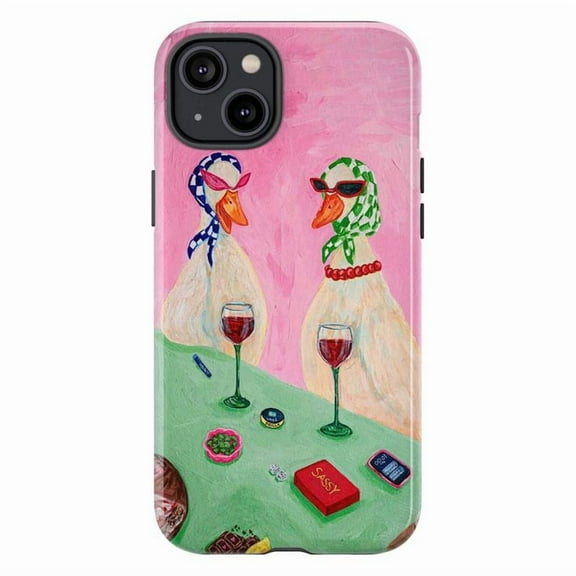 Quirky Vintage Ducks with Wine Phone Case, Funny Artistic Illustration Protective Cover for iPhone 16 15 14 13 12 11 Pro Max Plus Mini