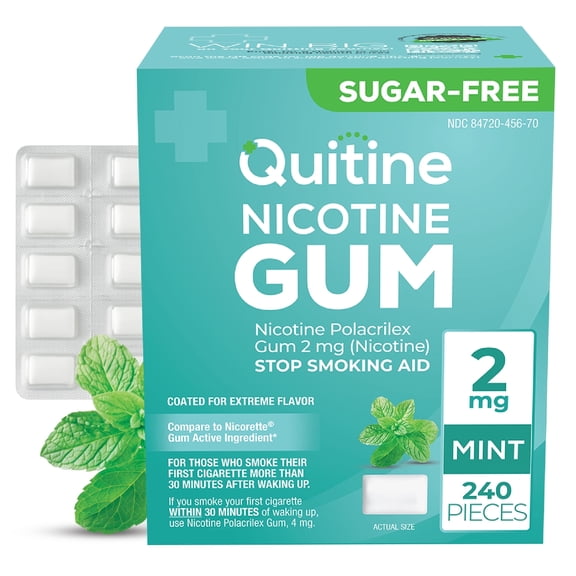 Quitine Nicotine Gum 2mg Mint, 240 Count, Stop Smoking Aid