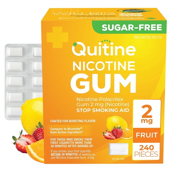Quitine Nicotine Gum 2mg Fruit, 240 Count, Stop Smoking Aid