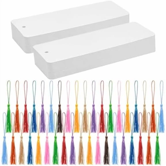 Quivanta 100 Set Blank Bookmarks with Colorful Tassels, White Cardstock Bookmarks Bulk, Craft Paper Book Marks for DIY Projects and Gifts Tags, 5.5 x 2 Inch