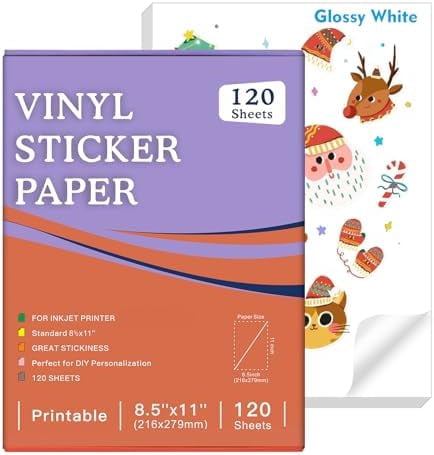 Quivanta 120 Sheets Premium Printable Vinyl Sticker Paper for Inkjet Printer, Glossy White Waterproof, Dries Quickly, Vivid Colors, 8.5x11 Inkjet Vinyl Sticker Paper Great for Cutting Machines