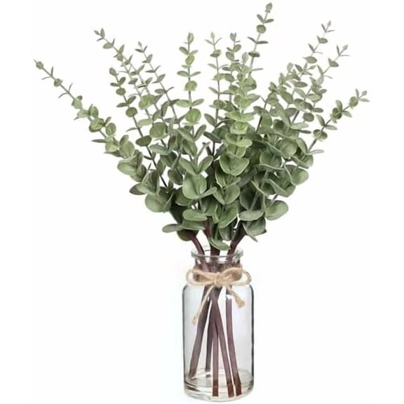 Quivanta 17.5" Artificial Eucalyptus Stems in Glass Vase with Faux Water,Fake Plant Eucalyptus Leaves White Seeds for Centerpiece Table Decorations Farmhouse Wedding Home Greenery Decor (Sage Green)