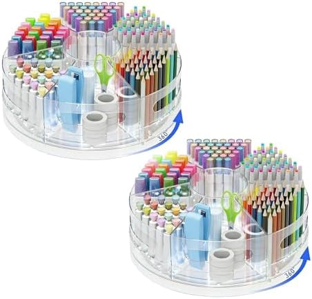 Quivanta 2 Packs Pen Organizer for Desk - Acrylic Pen Holder with Hand Grips, 360° Extra Large Rotating Desk Organizer with 7 Removable Compartments for Office, Home, and Makeup Storage
