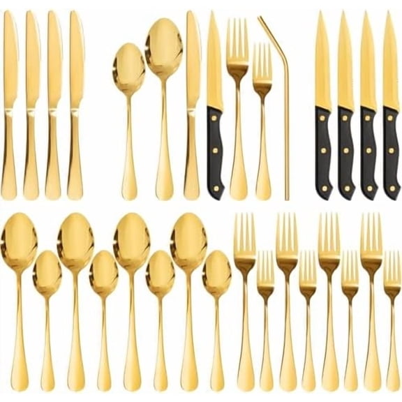 Quivanta 24-Piece Silverware Set with Steak Knives Gold Flatware Set for 4 Food-Grade Stainless Steel Cutlery Set Mirror Polished Utensils Set Include Spoons and Forks for Home Kitchen Restaurant