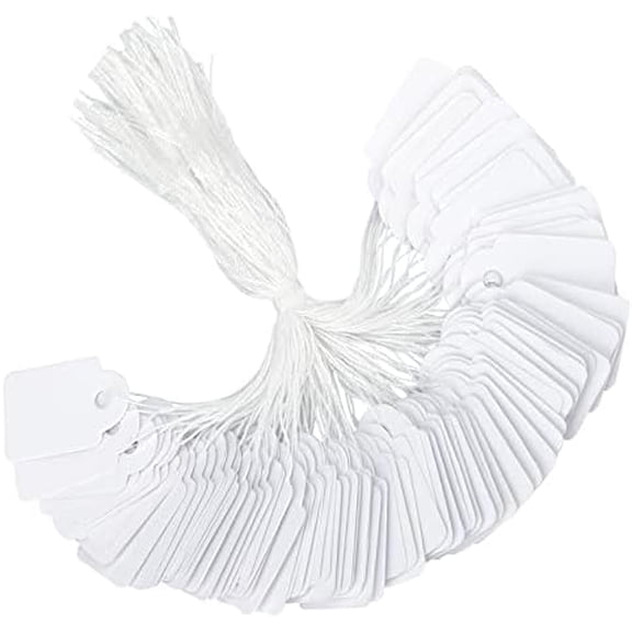 Quivanta 500Pcs Price Tags with String Attached, 0.6x0.95 in Super Mini Writable Merchandise Hangtags, White Paper Gift Tags, Price Marking Display Tags for Product Jewelry Clothing