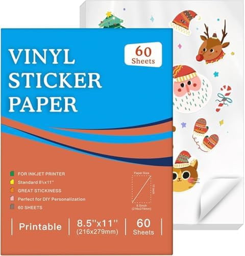 Quivanta 60 Sheets Premium Printable Vinyl Sticker Paper for Inkjet Printer, Glossy White Waterproof, Dries Quickly, Vivid Colors, 8.5x11 Inkjet Vinyl Sticker Paper Great for Cutting Machines