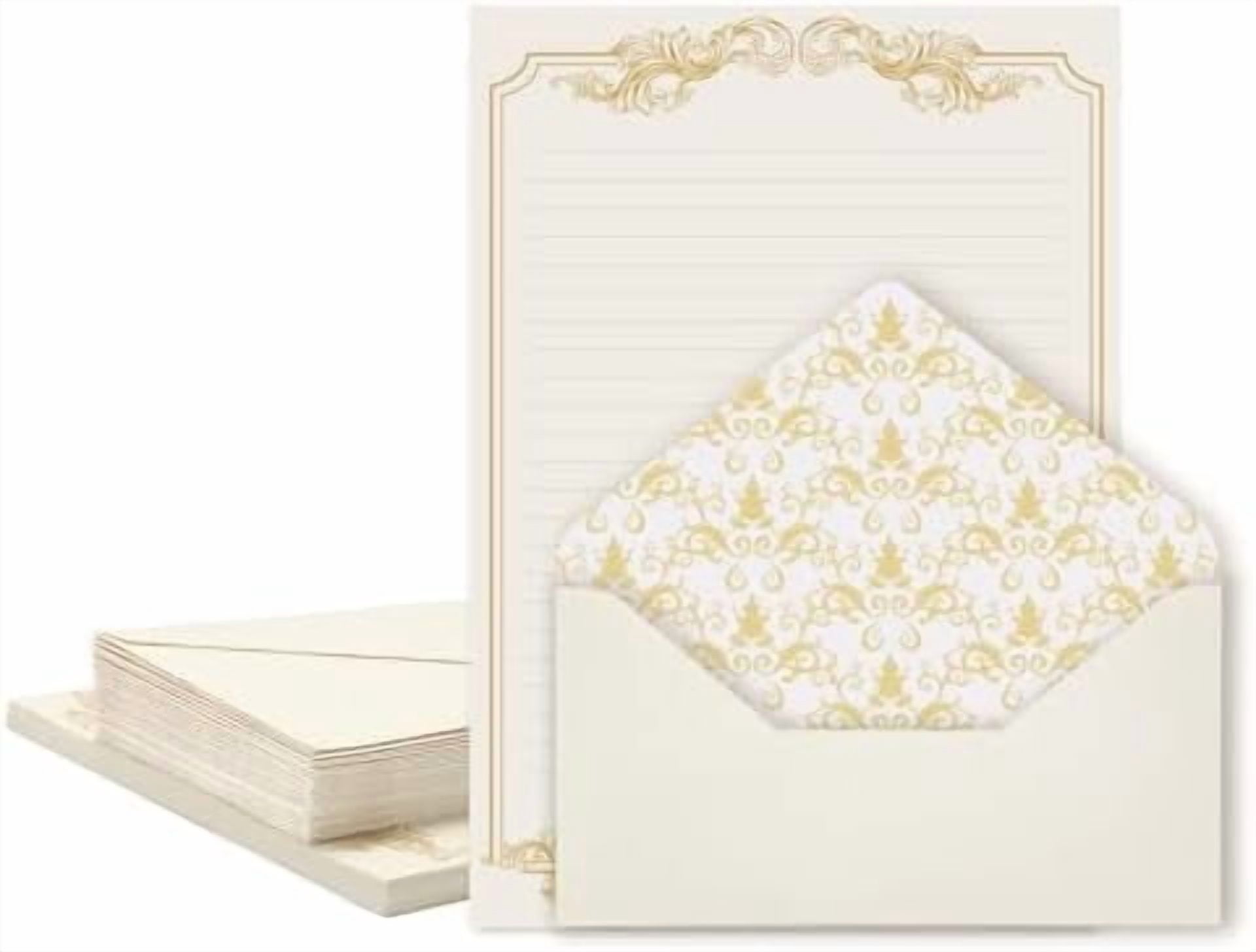 Quivanta 90 Piece Stationery Set - 60 Vintage-Style Paper Sheets + 30 Envelopes, Gold Border Letter Writing Paper for Love Letters & Party Invitations