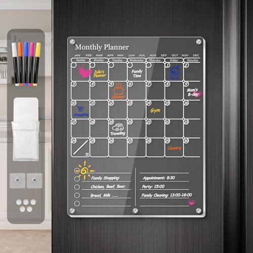 Quivanta Acrylic Magnetic Fridge Calendar Magnet Strong, Clear Dry Erase Board Calendar for Refrigerator, Vertical 2in1 Monthly Planner & to Do List for Fridge, Whiteboard Organizer House Decor,White