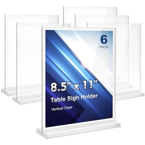 Quivanta Clear Acrylic Sign Holder 8.5x11 Inches, 6 Pack Double Sided Display Stand Plastic Table Paper Stand, Vertical Menu Flyer Holder for Restaurants, Store, Office