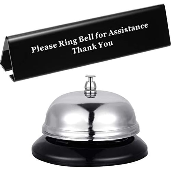 Quivanta Desk Service Dinner Bell Metal Silver Call Bell and Double Side No Receptionist Sign Please Ring Sign for Service Assistance for Hotel School Restaurant Reception Area(Sliver Bell)